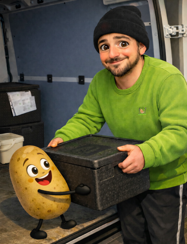 Basti im Cartoon Stil. Er belädt mit Knolles Hilfe seinen Transporter , beide tragen eine Thermopore