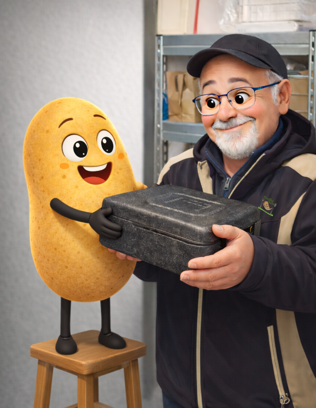 Bernd als Cartoon bekommt von Knolle eine Kiste mit Essen zum ausliefern