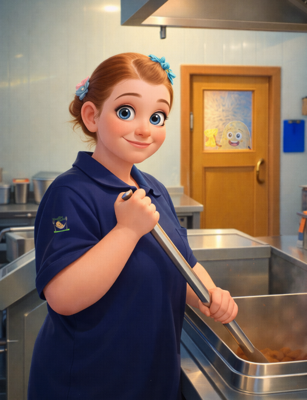 Caro im Cartoon Stil in der Großküche bei der Speisenzubereitung, Knolle putzt im Hintergrund die Scheibe der Tür von außen