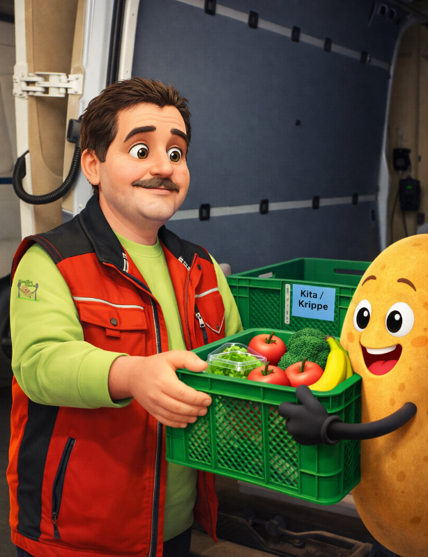 Frank als Cartoonfigur  bekommt von Knolle eine Kiste mit frischem Gemüse gereicht um seinen Transporter zu beladen