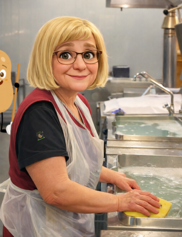 Gabi im Cartoonstil beim reinigen der Küche Knolle im Hintergrund hilft beim wischen