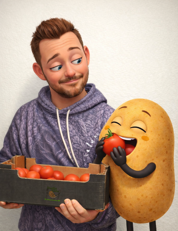 Fahrer Hannes als Cartoon er hält eine Kiste Tomaten in der Hand und Knolle hat eine in der Hand und beißt genüsslich rein