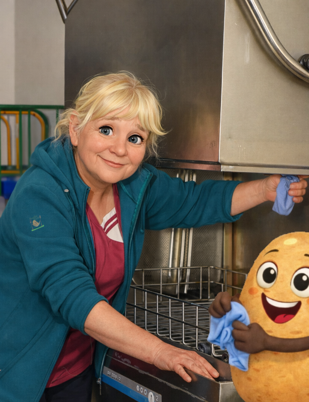 Heike im Cartoon Stil putzt zusammen mit Knolle die Spülmaschine