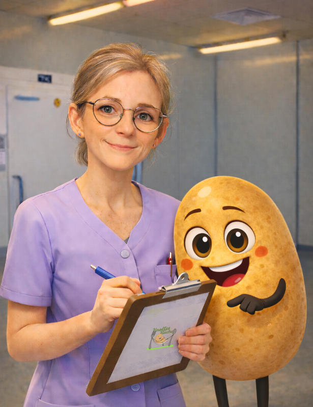 Ina unsere Küchenleitung im Cartoonstil mit Knolle bei den Kontrollen der Temperaturlisten