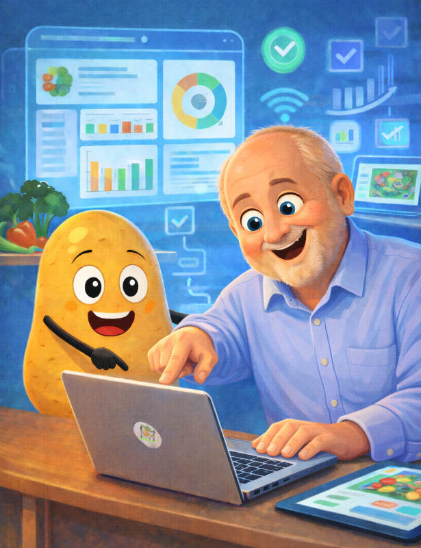 Joachim im Cartoon Style sitz am Laptop umgeben von digitalen Symbolen mit Knolle