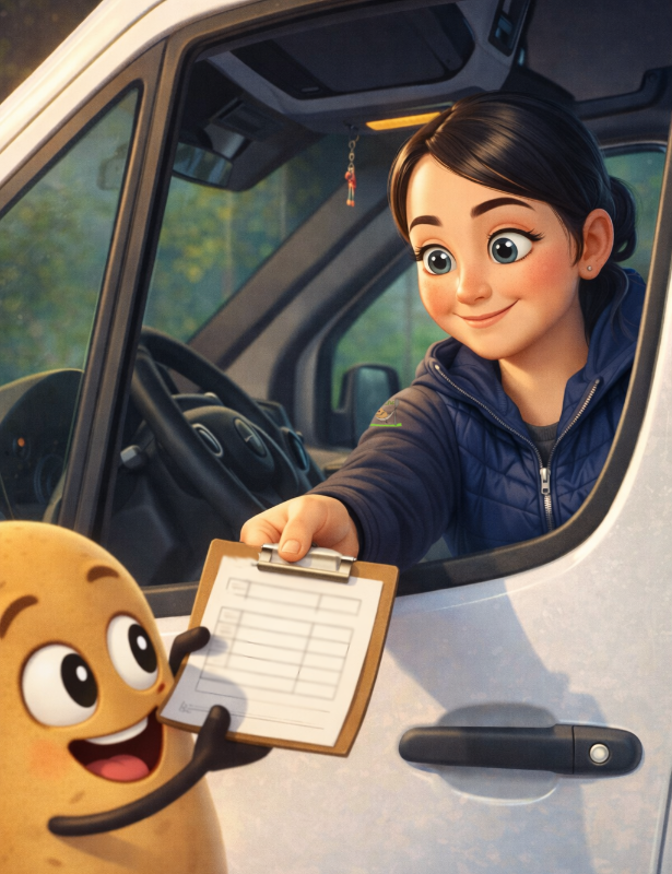 Katlen sitzt im Transporter und bekommt von Knolle eine Liste gereicht damit sie ihre Tour starten kann