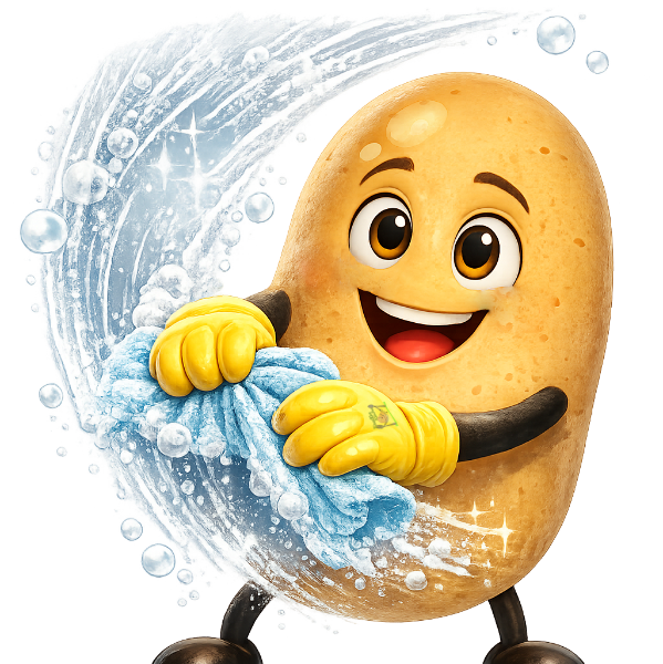 Knolle Cartoonfigur schwingt den Lappen und putzt mit Handschuhe