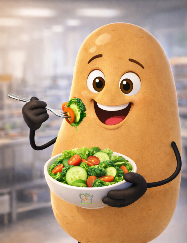 Cartoonbild von Knolle der sympathischen Kartoffel er probiert einen Salat