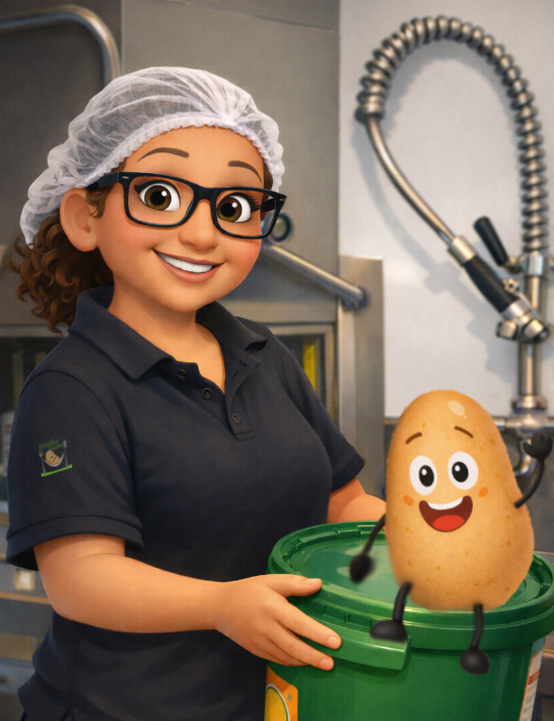 Mabel im Cartoon Stil trägt einen Eimer auf dem Knolle sitzt und winkt