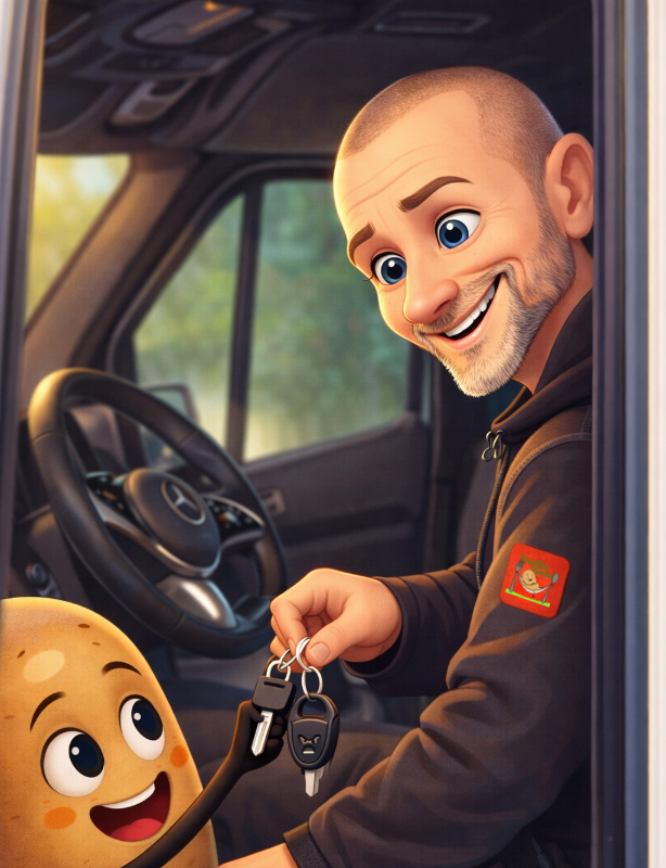 Fahrer Maik als Cartoon sitzend in seinem Fahrzeug und Knolle überreicht ihm den Schlüssel