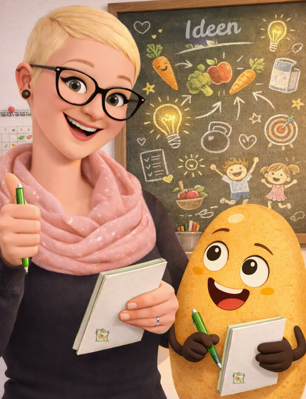 Betriebsleiterin Mandy im Cartoon Stil zusammen mit Knolle bereit für neue Ideen mit Block und Stift in der Hand