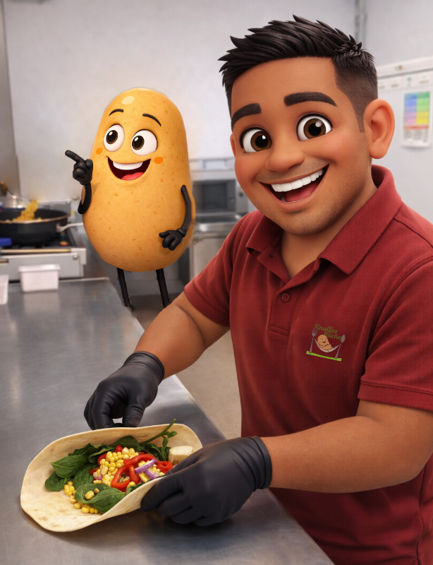 Oscar im Cartoon Style faltet einen Wrap , Knolle steht im Hintergrund vor einer Pfanne