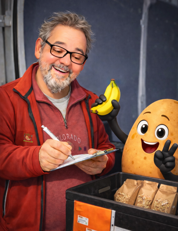 Fahrer Robert als Cartoon beim prüfen der Mengen beim beladen, Knolle hilft ihm und hält 2 Bananen hoch und zeigt zwei Finger hoch