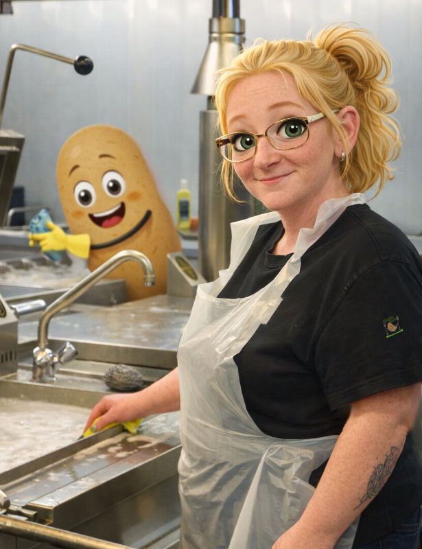 Sandra im Cartoon Stil beim reinigen der Küche im Hintergrund ist Knolle der ebenfalls am sauber machen ist