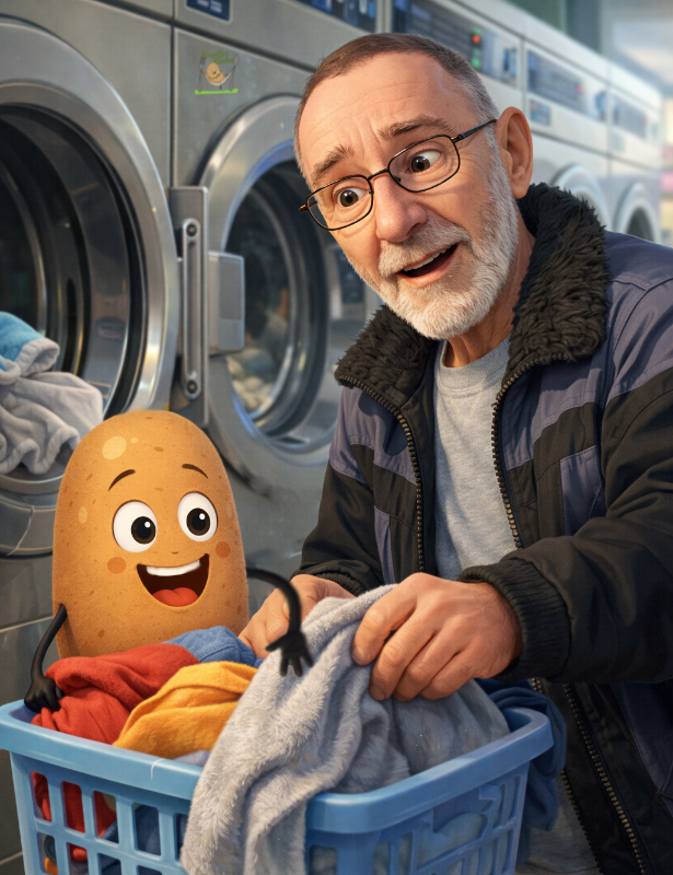 Sissi im Cartoon Stil beim befüllen der Waschmaschine zusammen mit Knolle