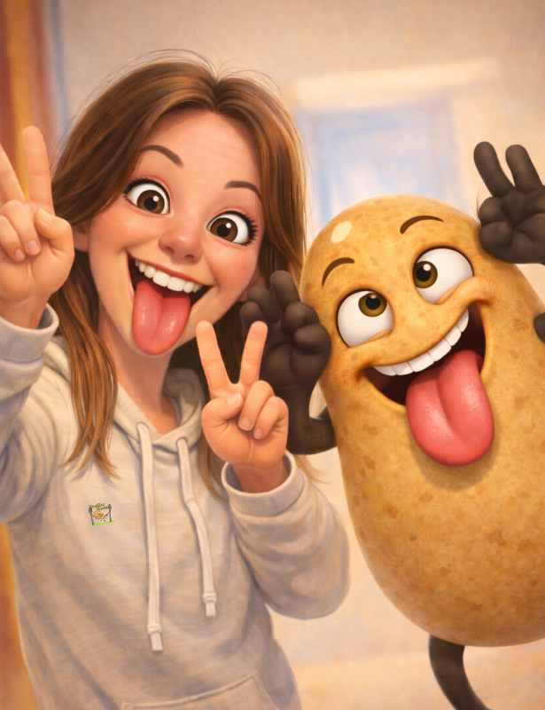 Katrin im Cartoon Style mit Knolle , beide strecken die Zunge heraus