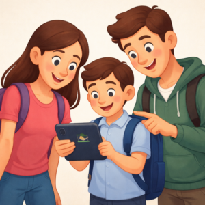 3 Schüler im Comic Stil stehen und schauen gemeinsam auf ein Tablet