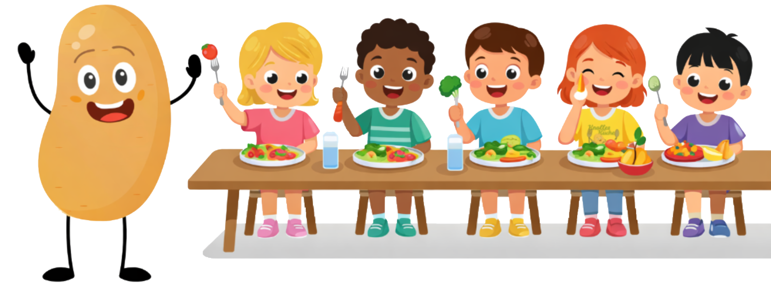 Bild im Cartoon Style mit kleinen Kindern die fröhlich am Tisch sitzen und gesundes essen essen, Knolle steht an der Seite und winkt