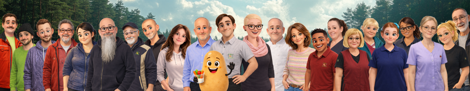 Bild länglich auf dem alle Mitarbeiter im Cartoon Stil als Gruppe zu sehen sind