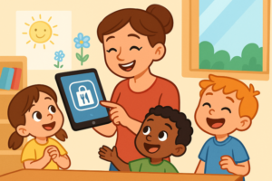 Eine Erzieherin zeigt den Kindern auf dem Tablet, dass sie essen bestellt, die Kinder freuen sich.