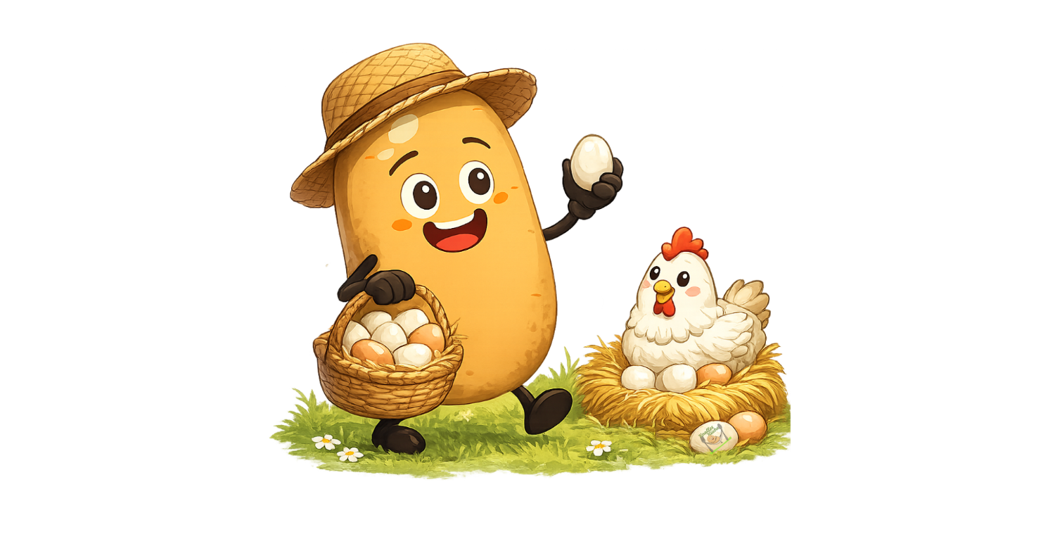 Bild zum Allergen Eier, Comicbild Kartoffel sammelt Eier ein und ein Huhn sitzt im Nest