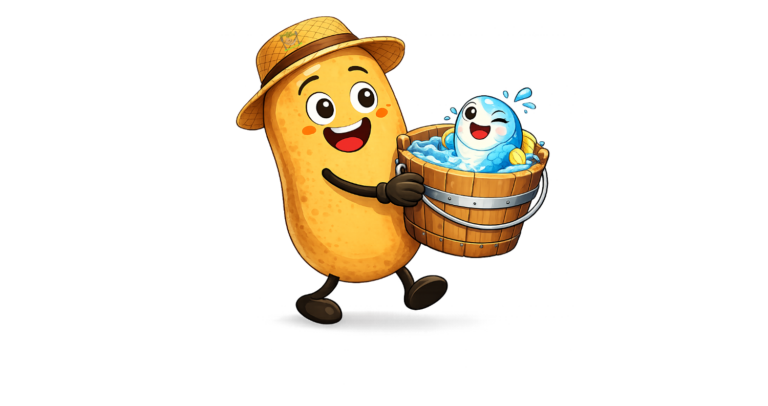 Beitragsbild zum Allergen Fisch, Cartoonbild Kartoffel trägt einen Eimer mit einem freundlichen schauenden Fisch drin