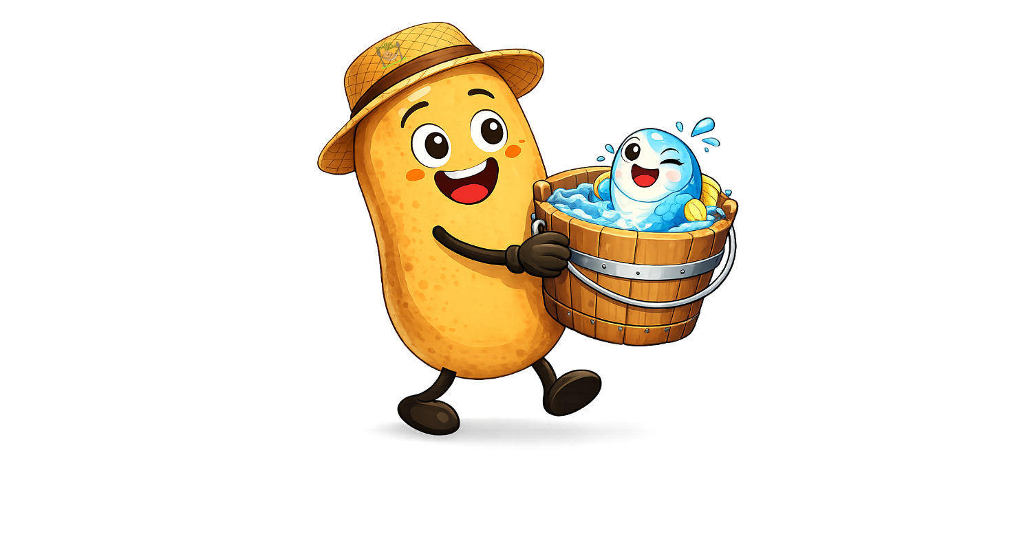 Beitragsbild zum Allergen Fisch, Cartoonbild Kartoffel trägt einen Eimer mit einem freundlichen schauenden Fisch drin