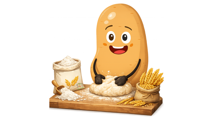 Knolle die Kartoffel knetet einen Teig am Rand ist Getreide und eine Tüte Mehl