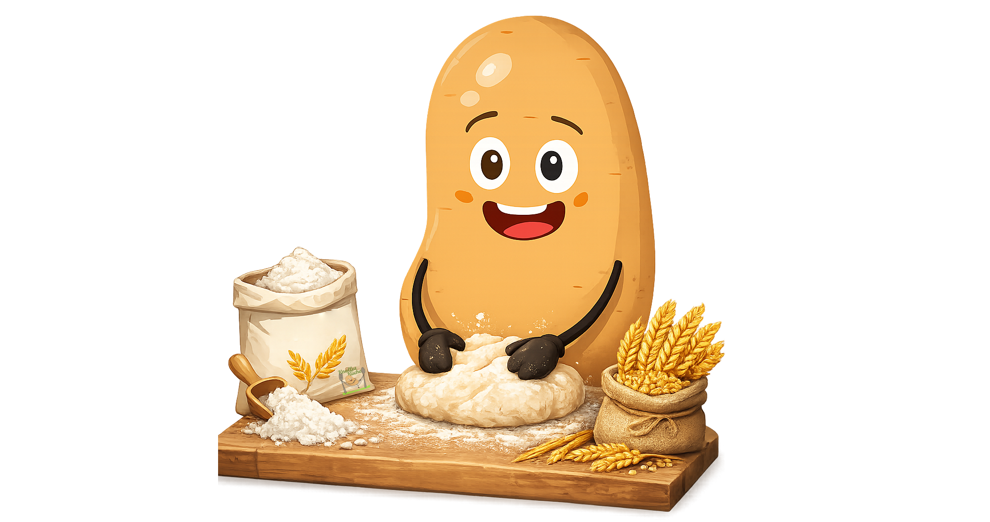 Knolle die Kartoffel knetet einen Teig am Rand ist Getreide und eine Tüte Mehl