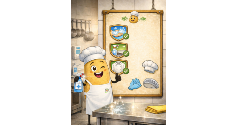 Beitragsbild Knolles Hygieneregeln Knolle steht mit Schürze und Mütze vor einer Tafel mit Hygieneregeln