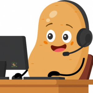 Knolle hat ein Headset auf und sitzt am PC um Kundenanrufe entgegen zu nehmen