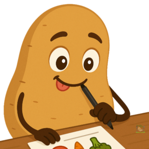 Knolle Kartoffel als Cartoon sitzt am Tisch mit einem Stift in der Hand und denkt nach