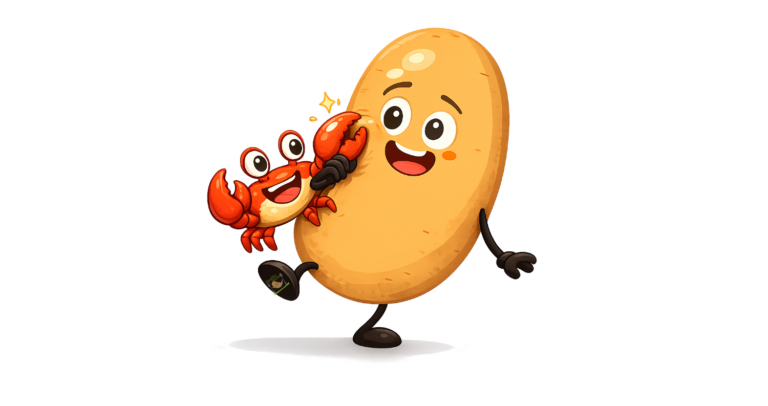 Comicbild Kartoffel mit Krebs der ihr ins Gesicht kneift dient als Symbolbild für Allergen Krebstiere