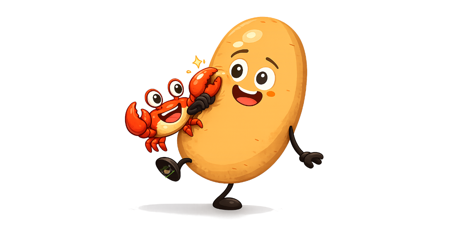 Comicbild Kartoffel mit Krebs der ihr ins Gesicht kneift dient als Symbolbild für Allergen Krebstiere