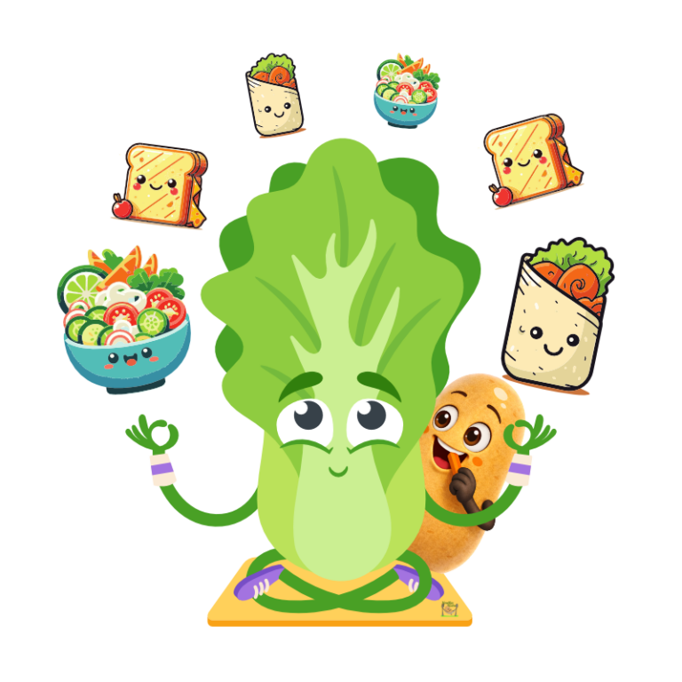 Chinakohl in Yoga Meditation Sitzposition wird umkreist von Salat, Sandwich und Wraps alles im Cartoon Stil