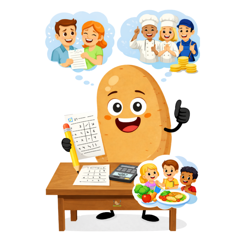 Knolle hält einen Zettel hoch auf dem Tisch liegt ein Taschenrechner in denkblasen sind Eltern, Mitarbeiter und Kinder zu sehen die alle froh über das Ergebnis sind