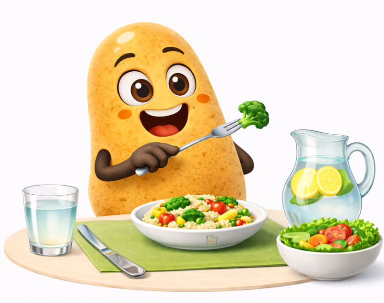 Knolle isst ein gesundes Mittag es steht ein Glas Wasser neben ihm und eine Karaffe mit Zitronenwasser und Salat