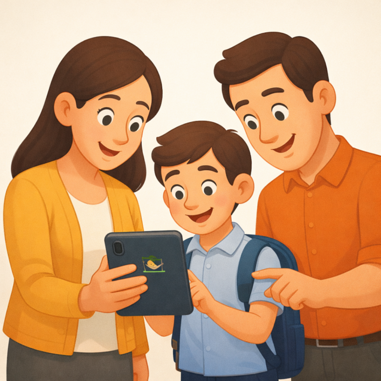 Schüler schaut zusammen mit Eltern auf ein Tablet im Cartoon Stil