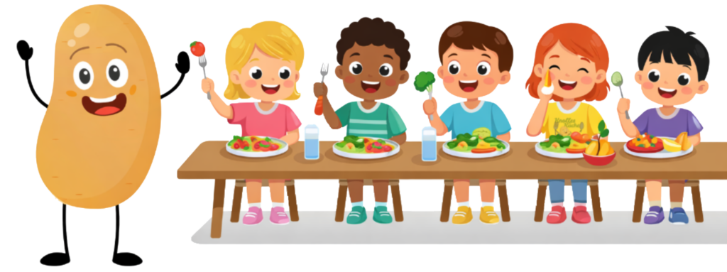 Bild im Cartoon Style mit kleinen Kindern die fröhlich am Tisch sitzen und gesundes essen essen, Knolle steht an der Seite und winkt