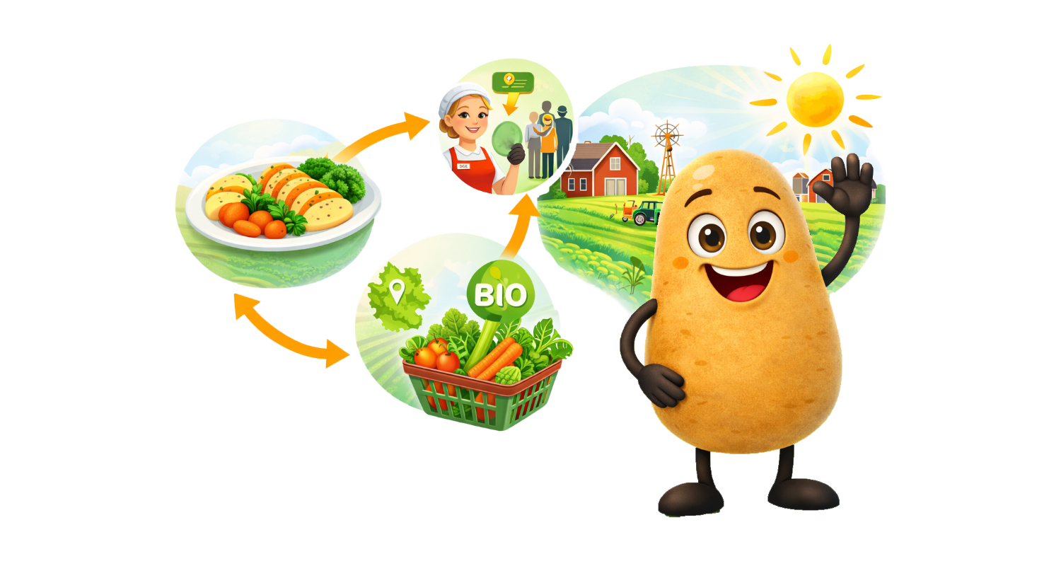 Knolle hebt die Hand im Hintergrund ist ein Feld und gesundes Essen zu sehen