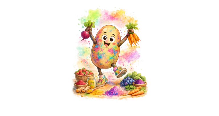 Cartoon Bild zeigt Knolle in bunt umgeben von Gemüse und anderen natürlichen Farbstoffen