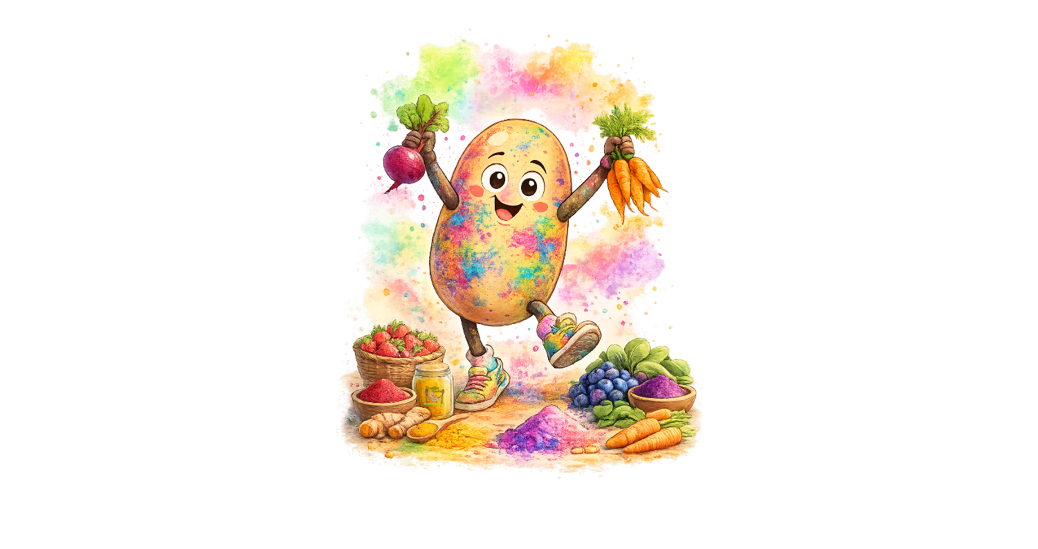 Cartoon Bild zeigt Knolle in bunt umgeben von Gemüse und anderen natürlichen Farbstoffen