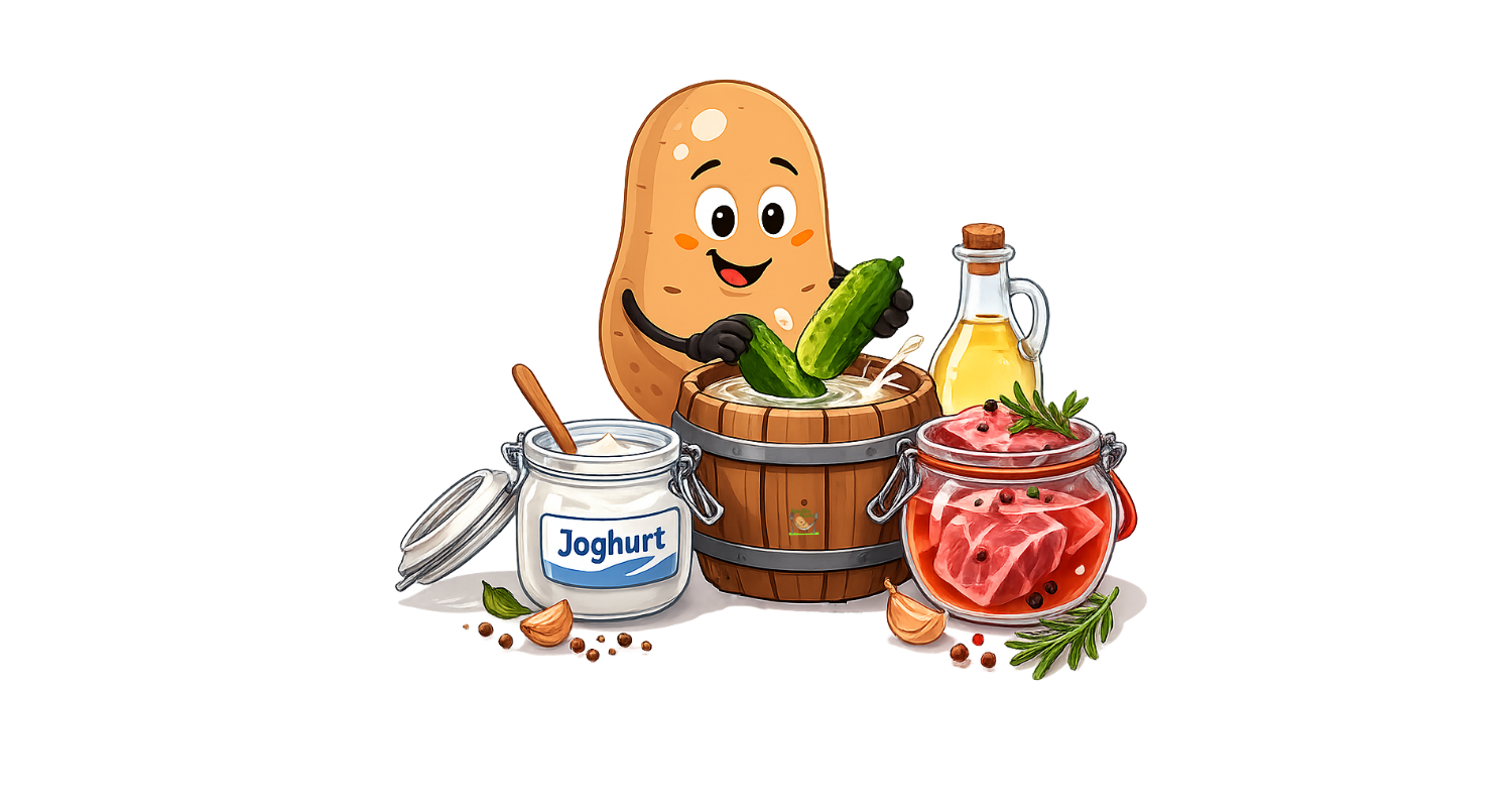 Carton Bild zeigt Knolle beim einlegen von Gurken, Fleisch zum Thema Konservierungsstoffe