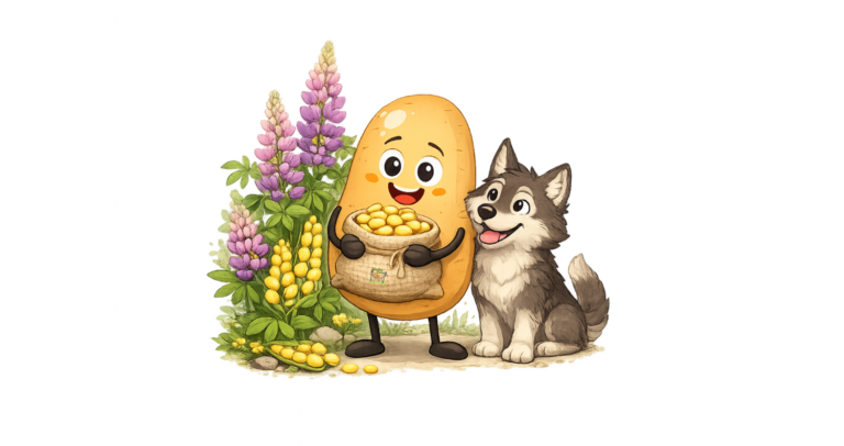 Cartoon Bild Knolle steht mit einem Wolf neben Lupinen und hat einen Beutel voll mit Wolfsbohnen