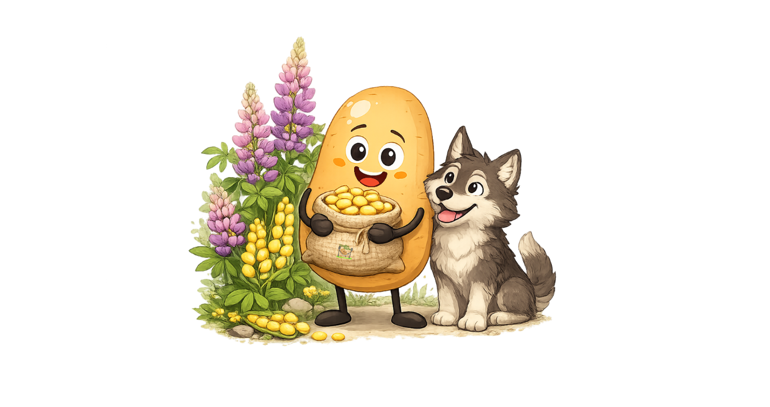 Cartoon Bild Knolle steht mit einem Wolf neben Lupinen und hat einen Beutel voll mit Wolfsbohnen
