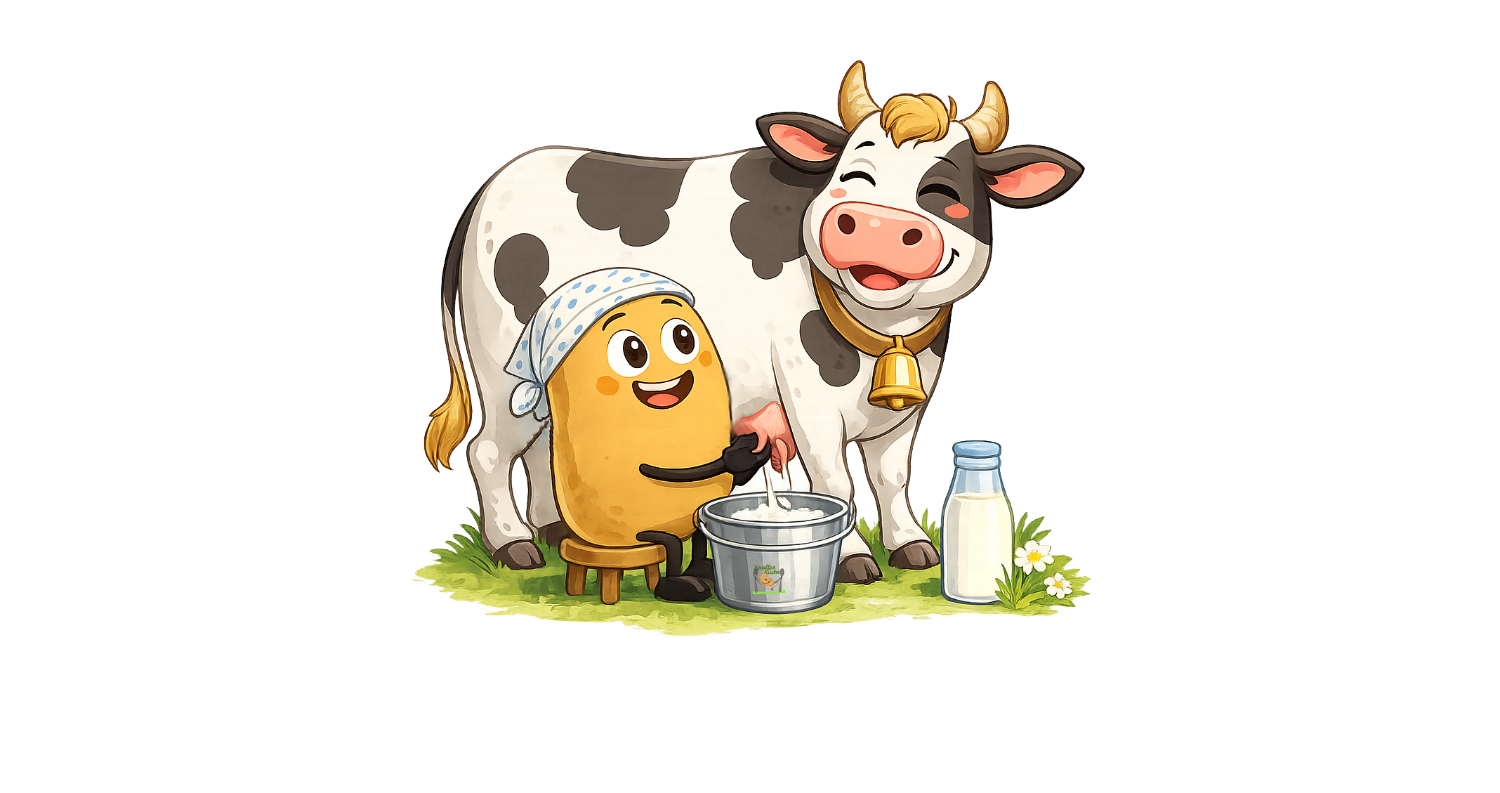 Cartoon Bild Knolle melkt eine Kuh für Milch