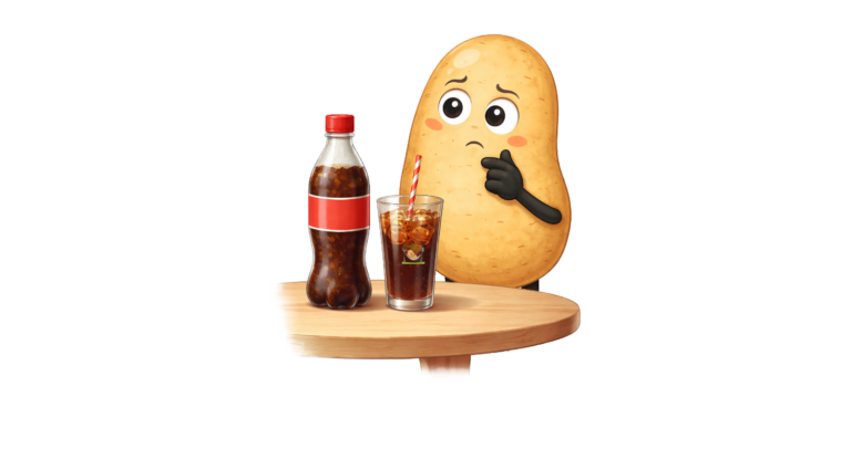 Knolle steht neben einem Tisch auf dem Cola steht, er überlegt ob er sie trinken soll