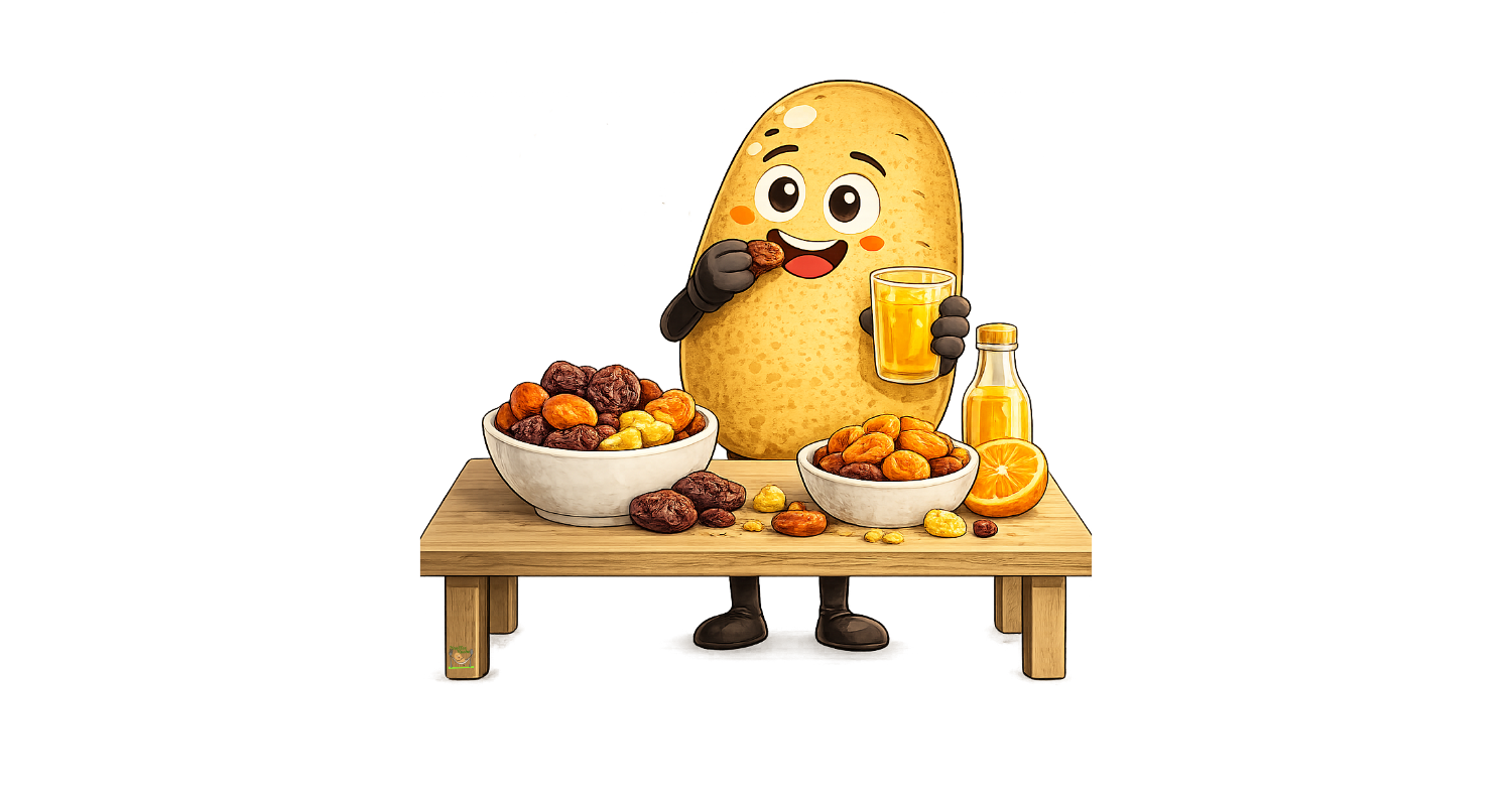 Cartoon Bild Knolle steht am Tisch und nascht eine Trockenfrucht und hält ein Glas Saft in der Hand