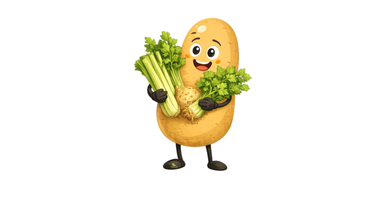 Cartoon Bild Knolle hält die 3 verschiedenen Selleriesorten in der Hand