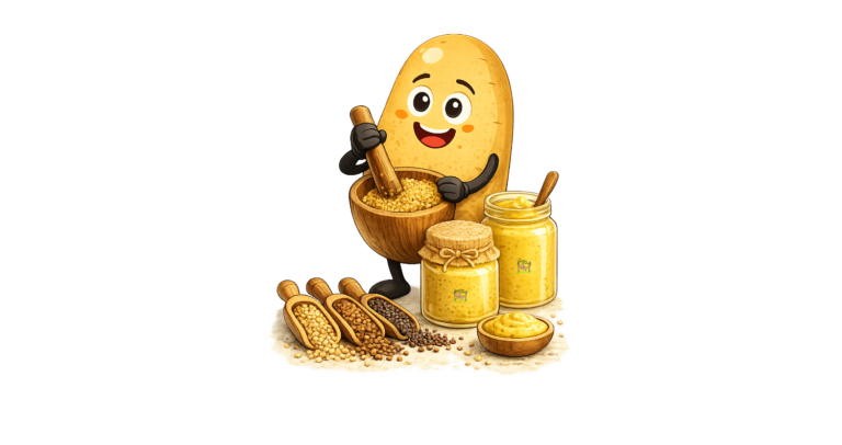 Cartoon Bild zeigt Knolle bei der Herstellung von Senf